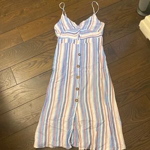White linen dress with blue and red stripes
